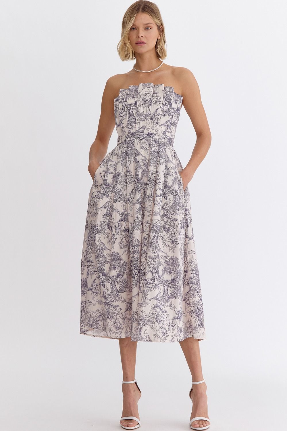 Toile Printed Strapless Dress