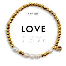 Load image into Gallery viewer, Morse Code Pearl & Gold Waterproof Beaded Bracelet - LOVE
