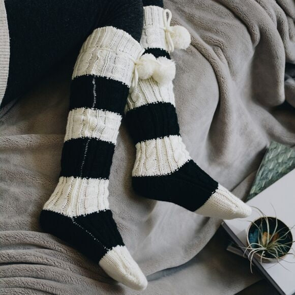 Knee High Striped Pom Pom Socks