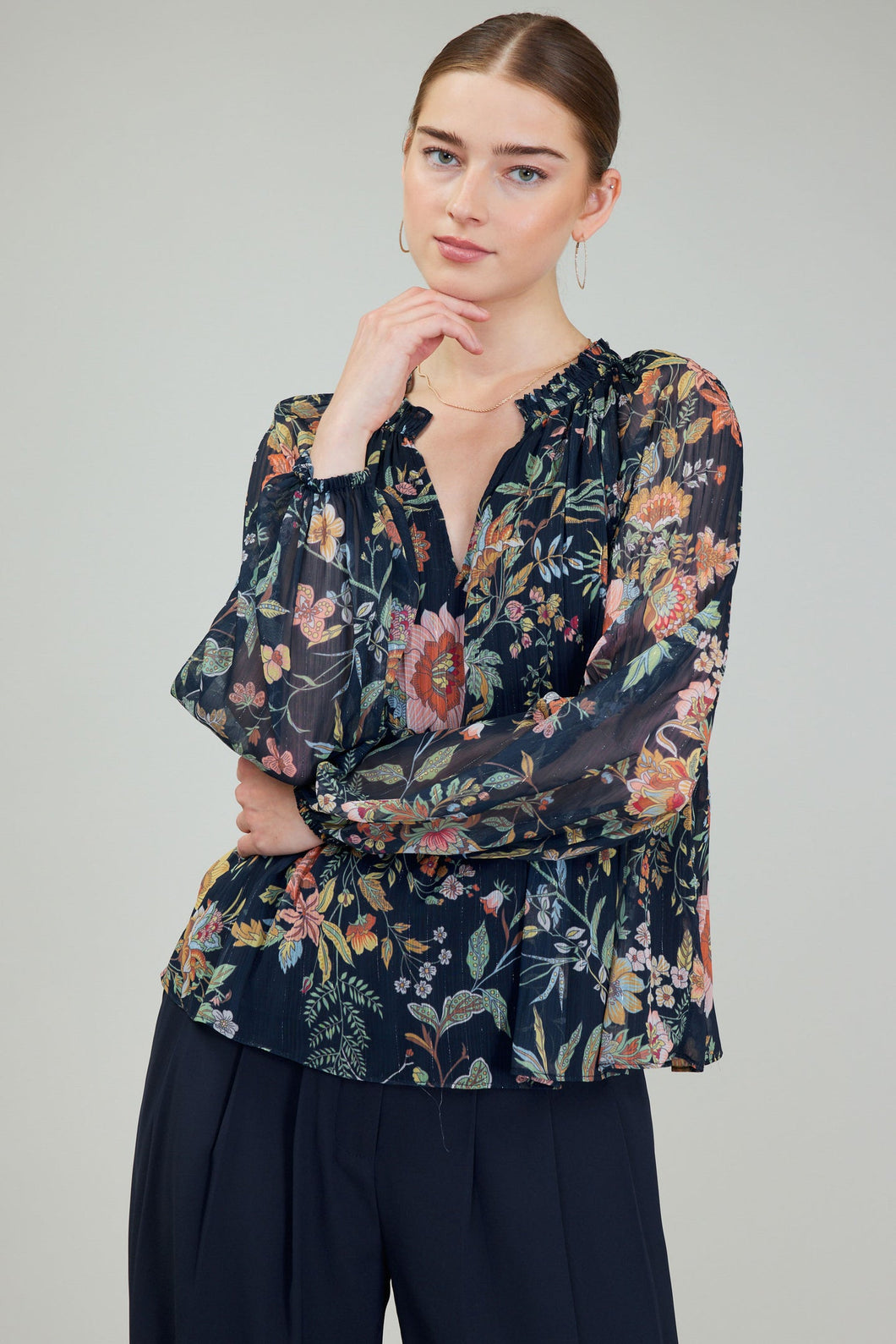 Fiona Floral Pleated Blouse - Navy