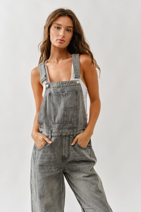 Slouchy Relaxed Fit Barrel Overalls - Grey Wash