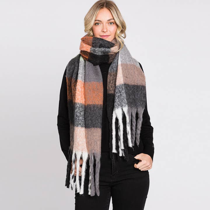 Plaid Check Patterned Fringe Oblong Scarf
